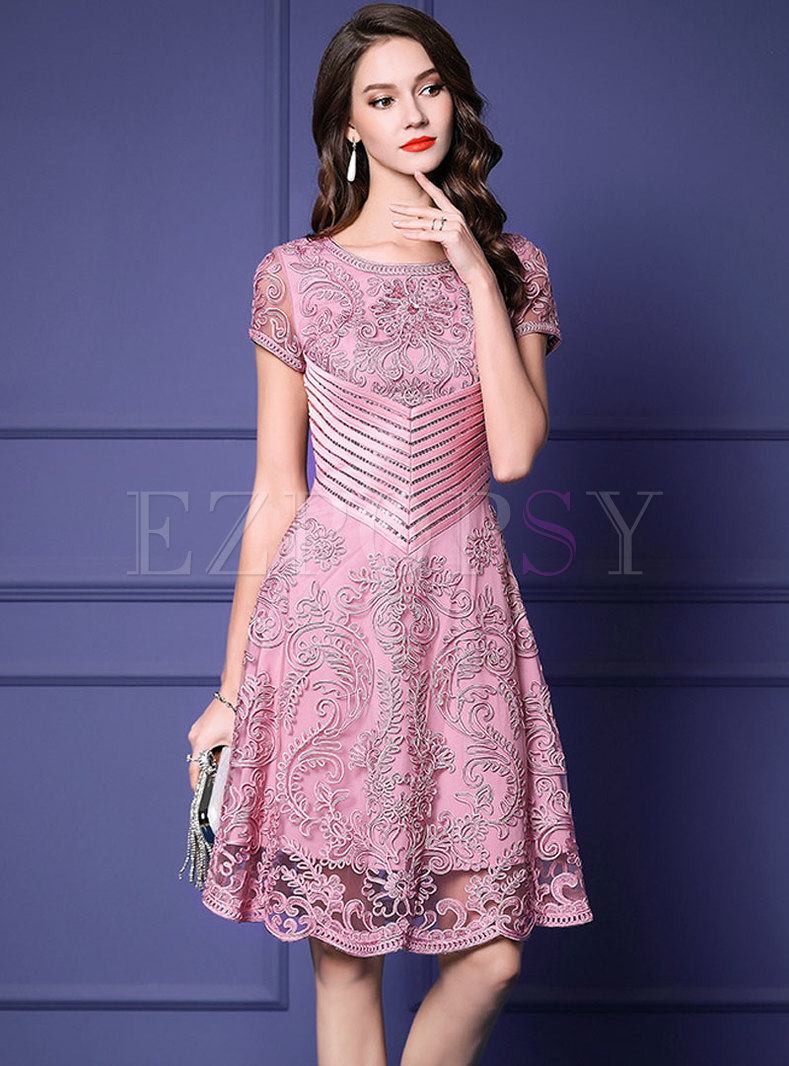 Elegant Hollow Out Embroidered Plus-size A Line Dress