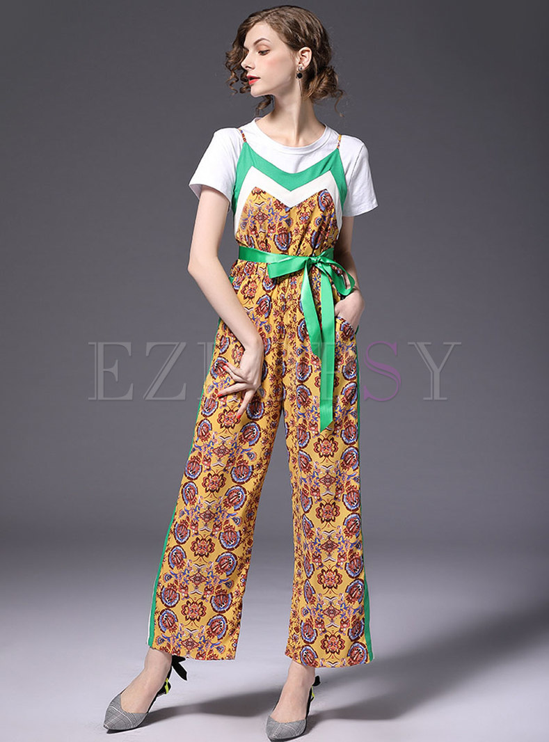 Stylish Print Belted Wide Leg Overalls