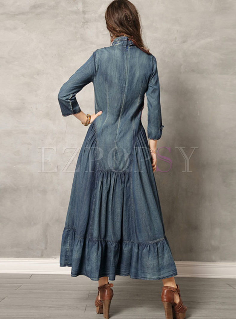 Dresses | Maxi Dresses | Mandarin Collar Big Hem Denim Maxi Dress