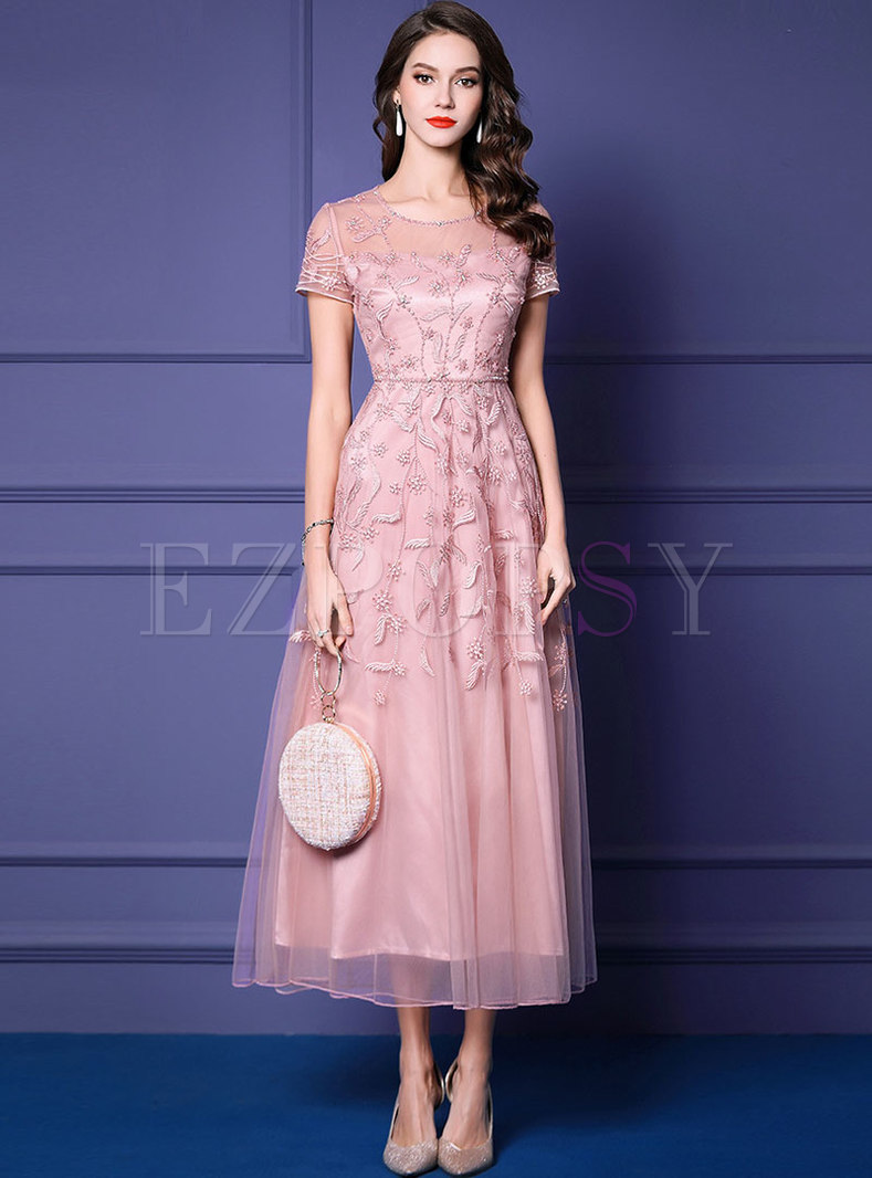 Dresses | Maxi Dresses | Elegant Pink Embroidered Beaded Lace Maxi Dress