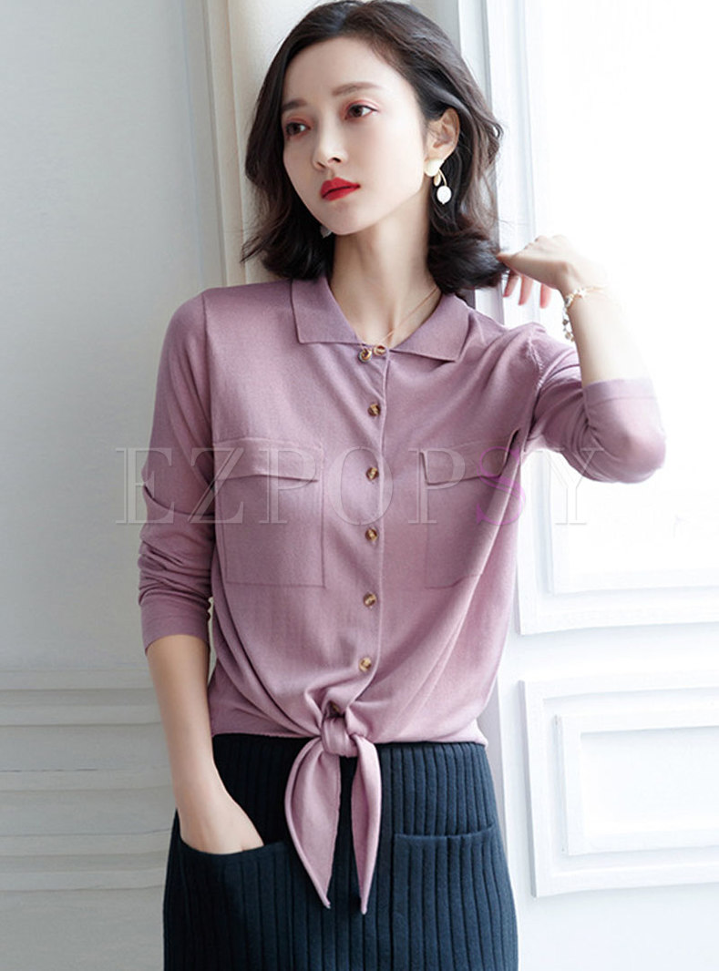 Casual Tied Lapel Pure Color Blouse