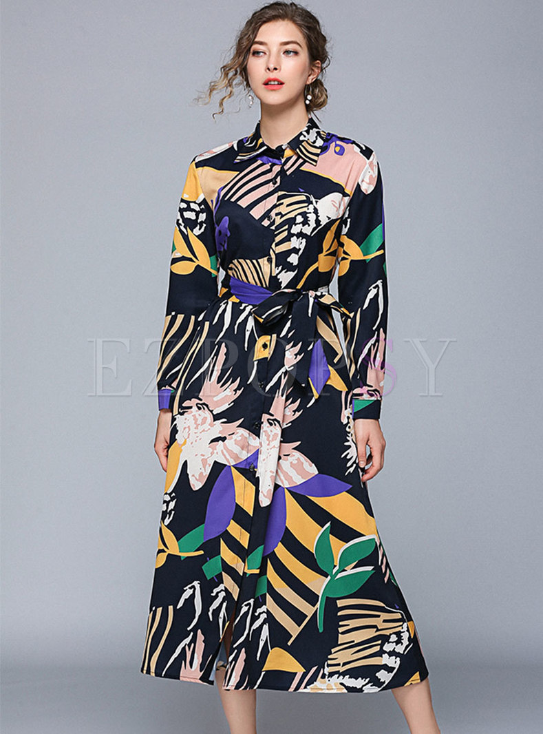 Print Lapel Single-breasted Belted A Line Dress