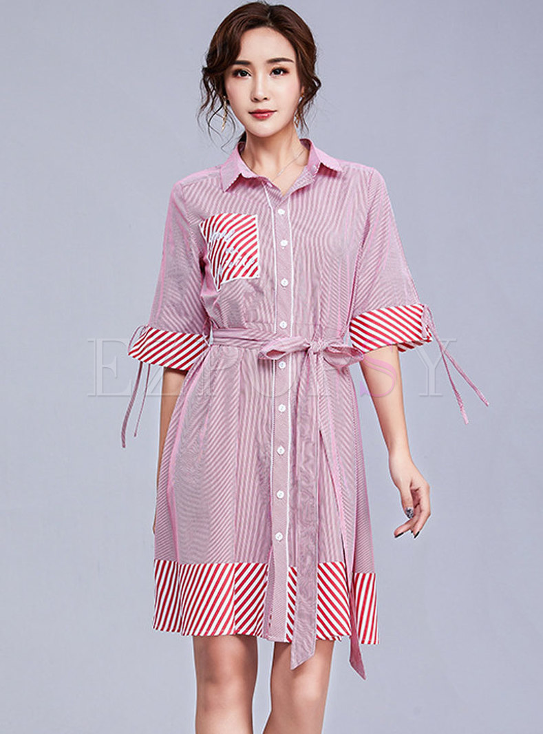Fashion Striped Single-breasted Tied T-shirt Dress