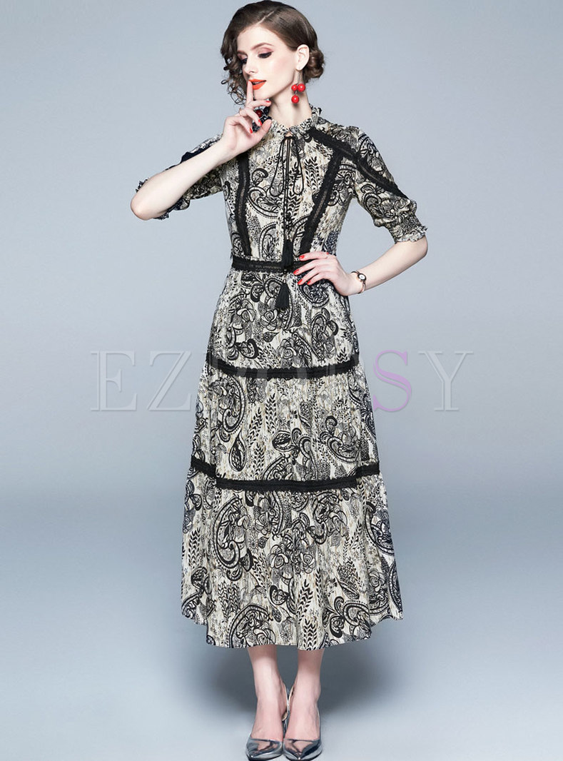 Vintage Lace Print High Waist Maxi Dress