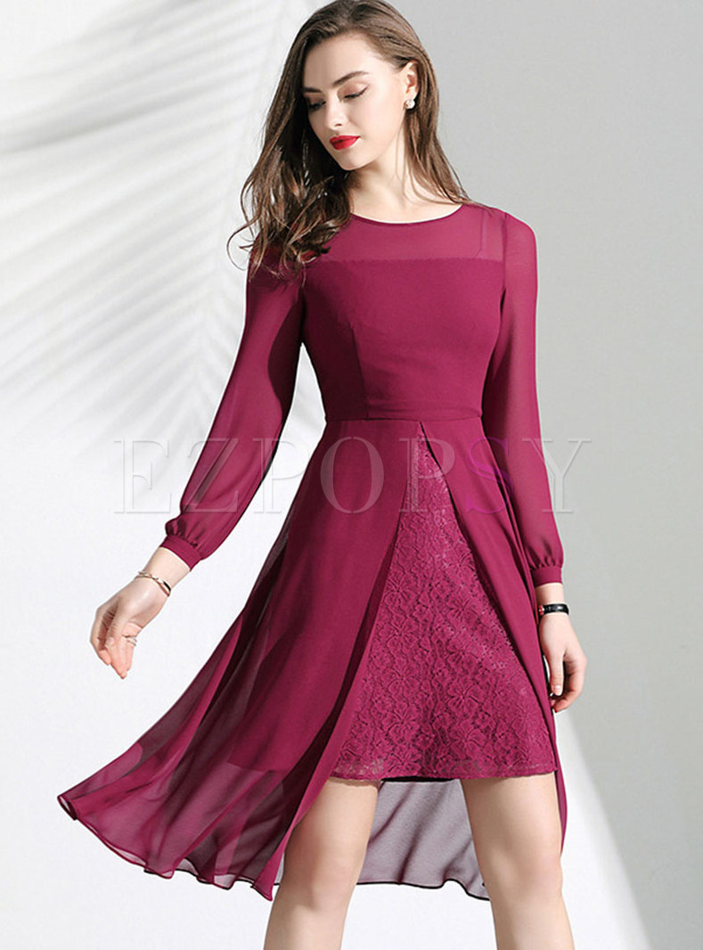 Dresses | Skater Dresses | Lace Splicing O-neck Slim Asymmetric Dress