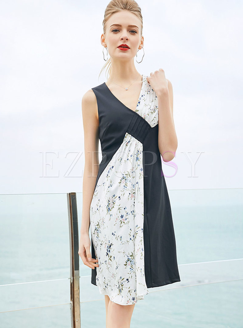 Color-blocked Print V-neck Sleeveless Bodycon Dress