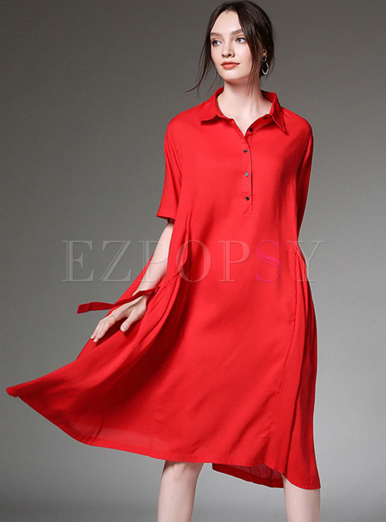 Pure Color Lapel Asymmetric Loose Dress