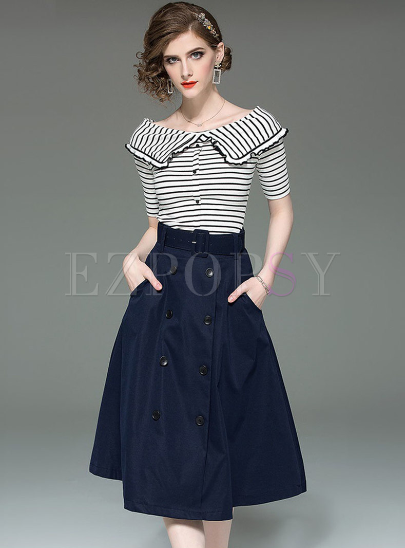 Casual Blue Striped Top & Double-breasted A Line Skirt