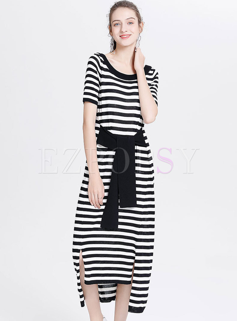 Black Striped Split Loose Belted T-shirt Dress