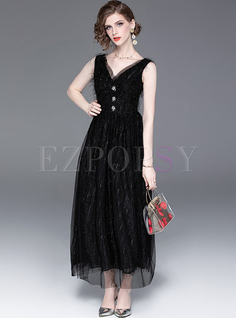 Elegant Sleeveless V-neck High Waist Black Dress