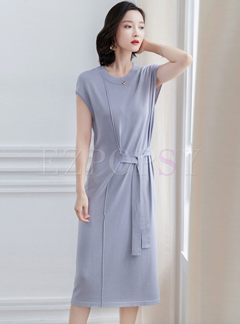 Pure Color O-neck Sleeveless Belted Knitted Dress