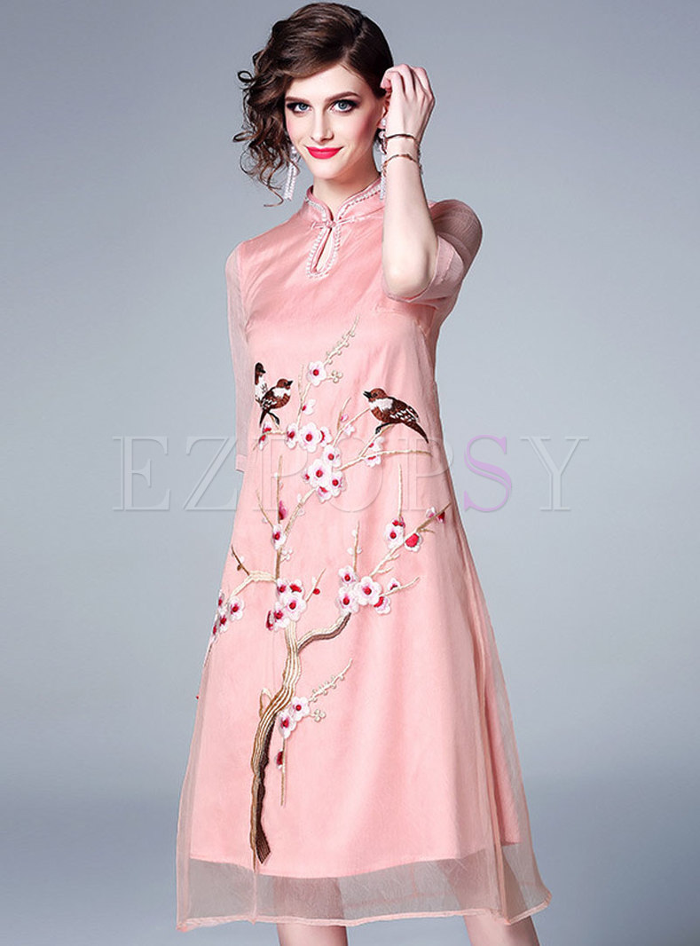 Stand Collar Slim Embroidered A Line Dress
