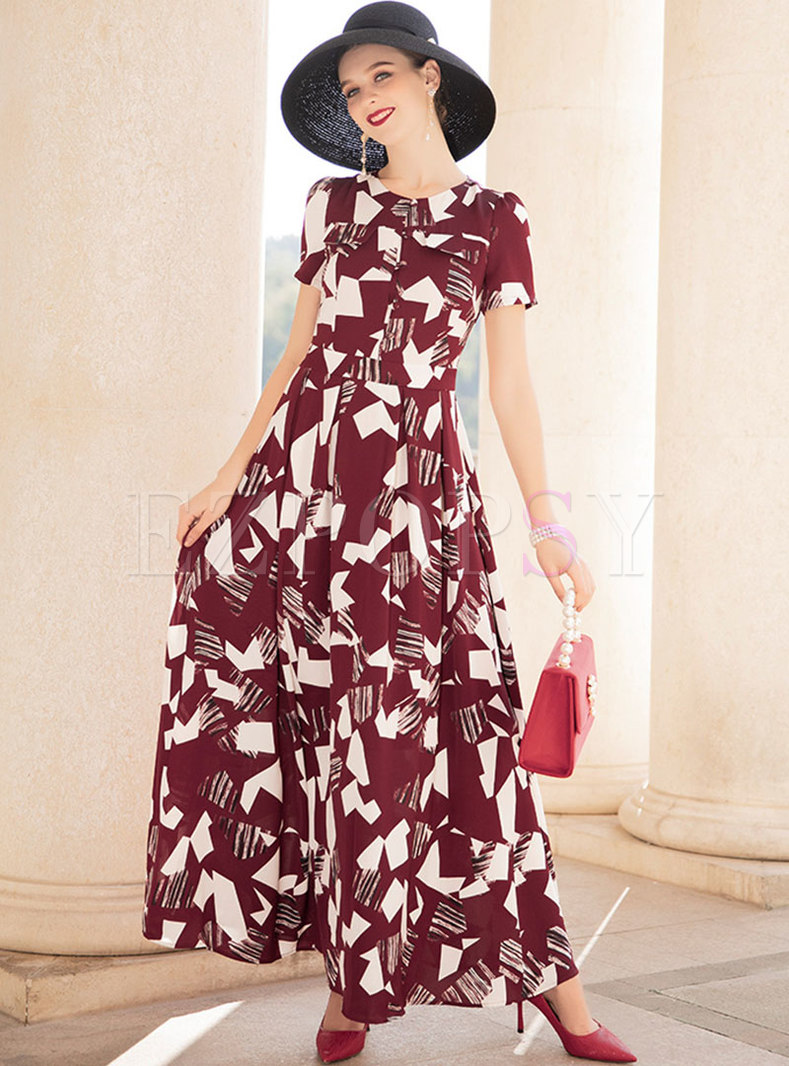 Elegant Print O-neck High Waist Maxi Dress