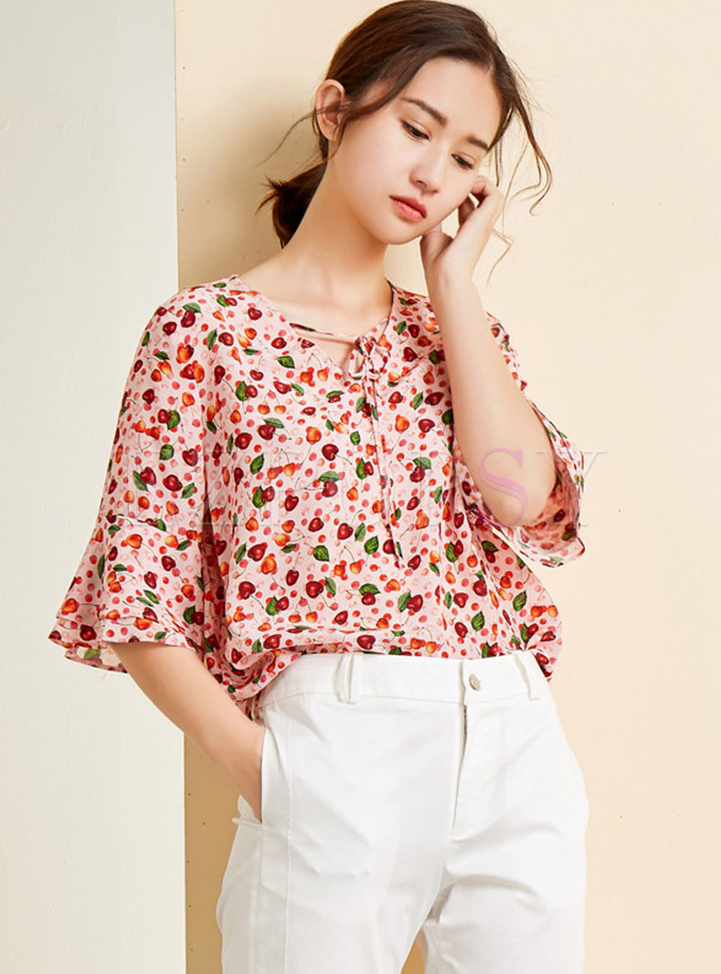 V-neck Print Tied Casual Pullover Blouse