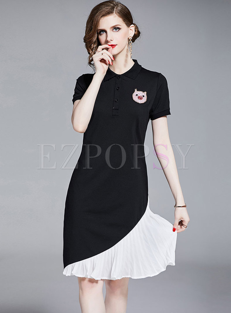 Casual Color-blocked Lapel Pleated T-shirt Dress