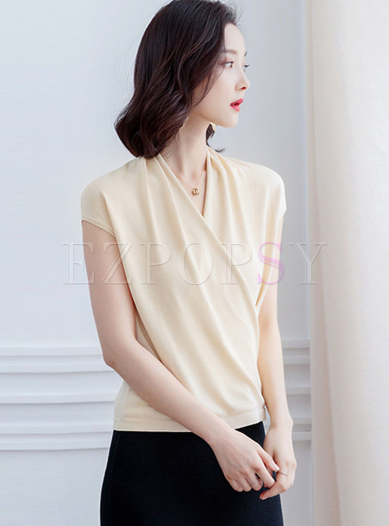 Pure Color V-neck Sleeveless Knitted Top
