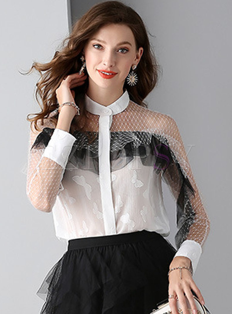 Openwork Lace Color-blocked Jacquard Blouse