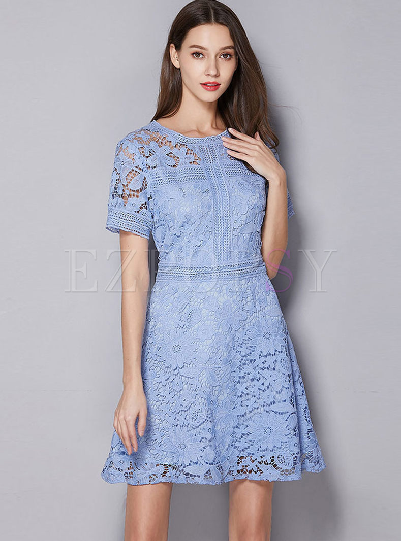 Retro O-neck Short Sleeve High Waist Lace Dress