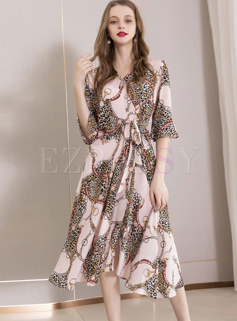 Fashion Silk V-neck Leopard Splicing Dress