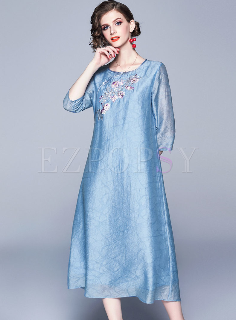 O-neck Half Sleeve Embroidered Blue Shift Dress