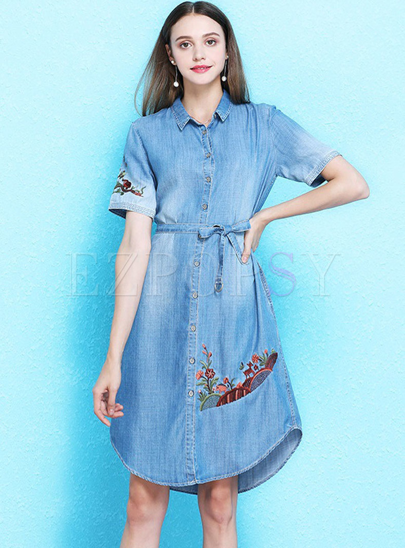 Brief Embroidered Turn-down Collar A Line Dress