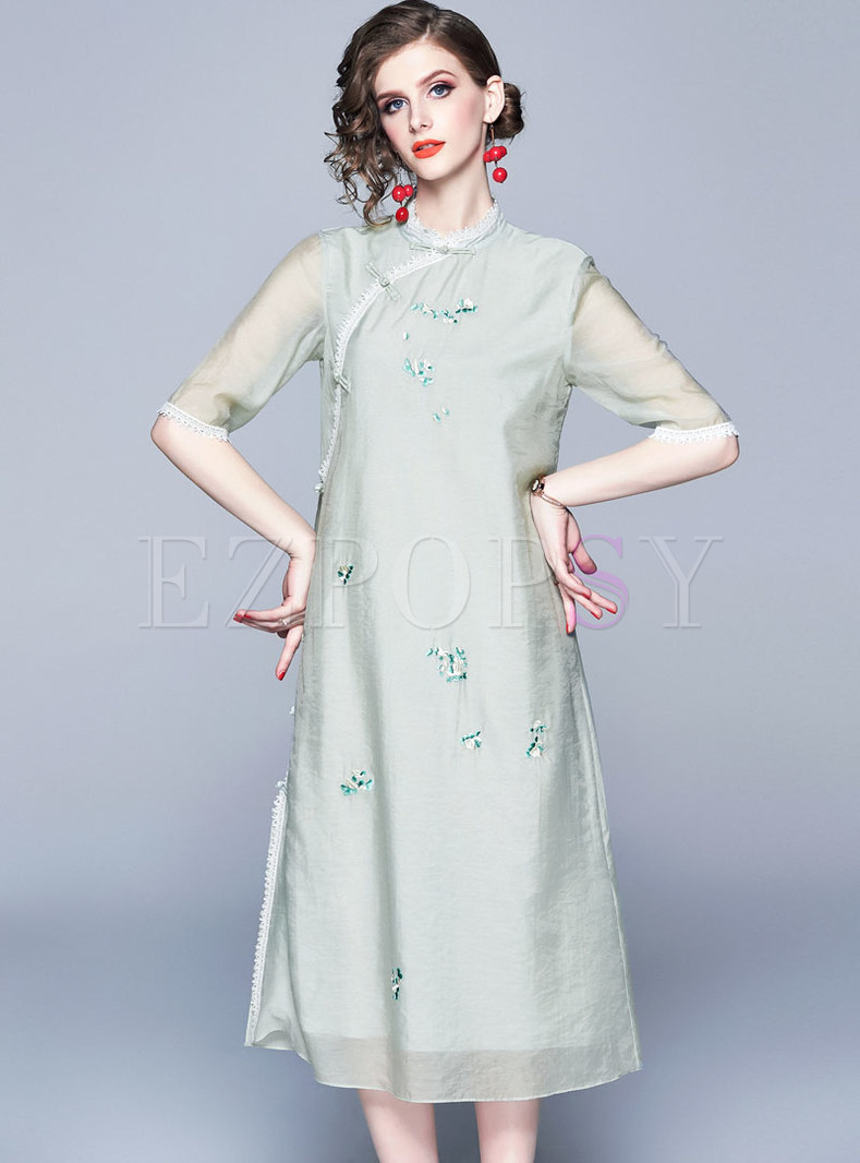 Dresses | Shift Dresses | Ethnic Embroidered Splicing Button Casual Dress