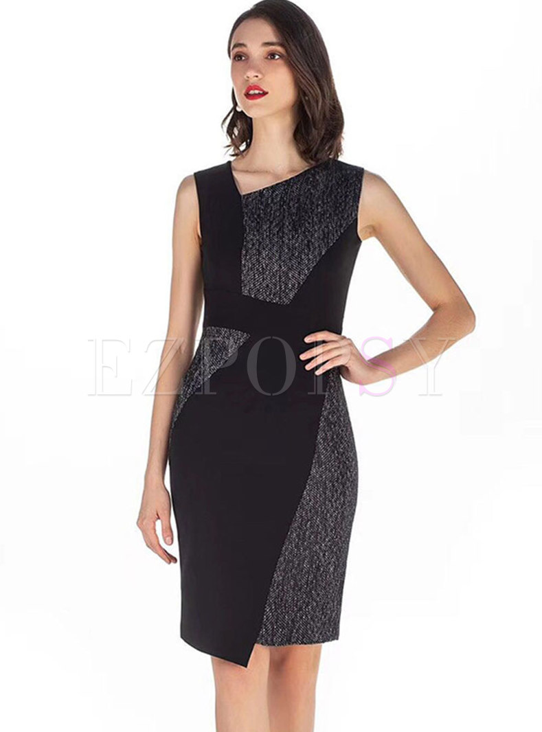 Elegant Color-blocked Sleeveless Asymmetric Sheath Dress