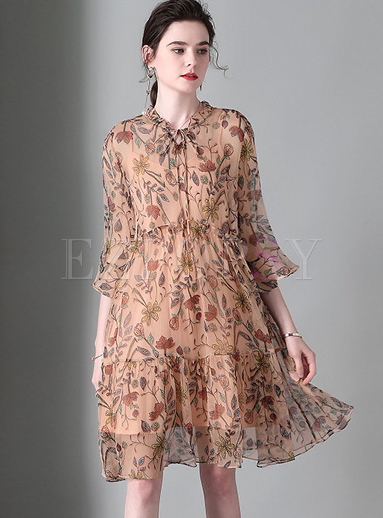 Print Tie-collar Flare Sleeve Loose Dress With Cami