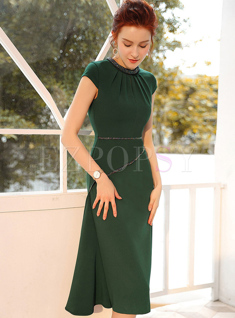 Dresses Bodycon Dresses Sexy Green Beaded Belted Slim Bodycon Dress 