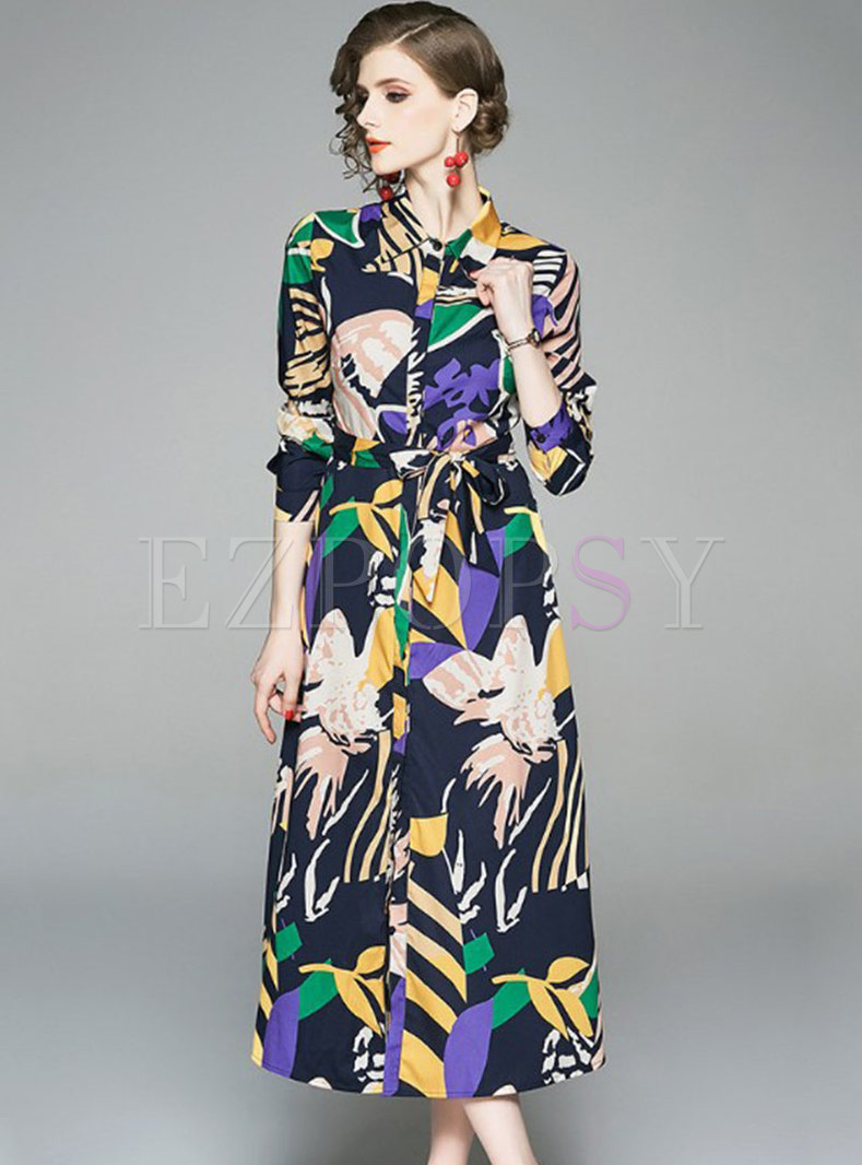 Dresses | Maxi Dresses | Elegant Print Lapel Belted Slim Maxi Dress