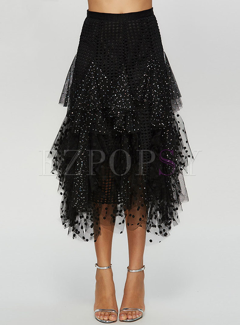 Chic Asymmetric Sequined Mesh Splicing Skirt