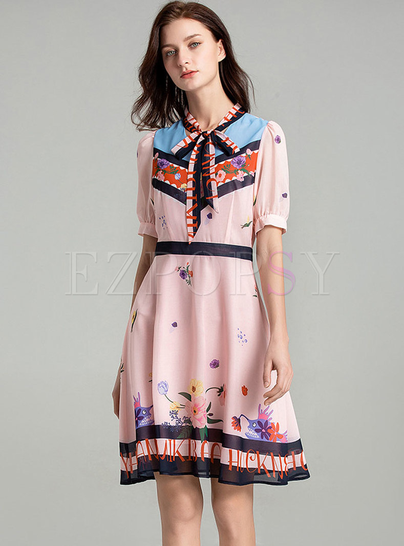 Sweet Color-blocked Print Bowknot A Line Dress