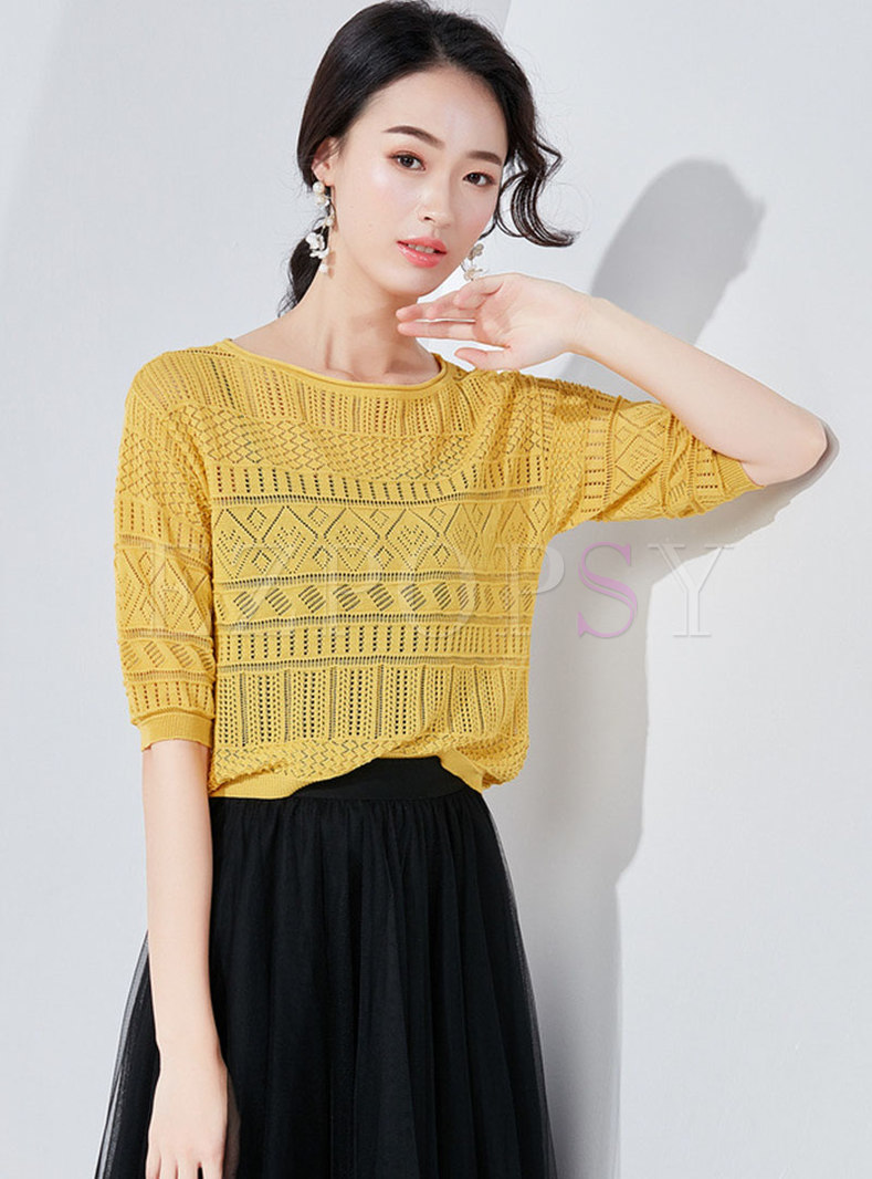 Solid Color O-neck Hollow Out Knitted Top