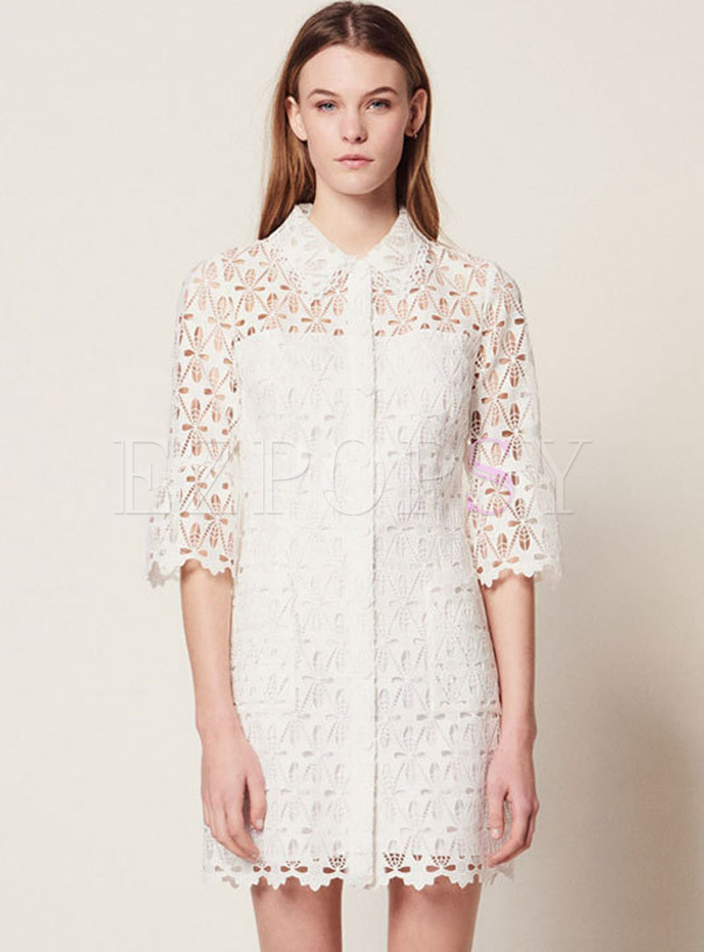 Elegant White Lace Hollow Out Flare Sleeve Sheath Dress