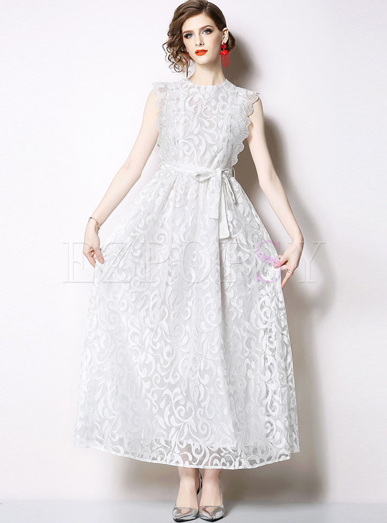 Elegant Lace Sleeveless Belted Maxi Dress