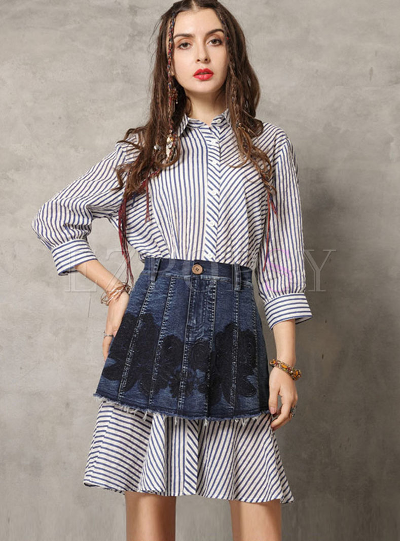 Casual Lapel Long Sleeve Striped Dress With Skirt
