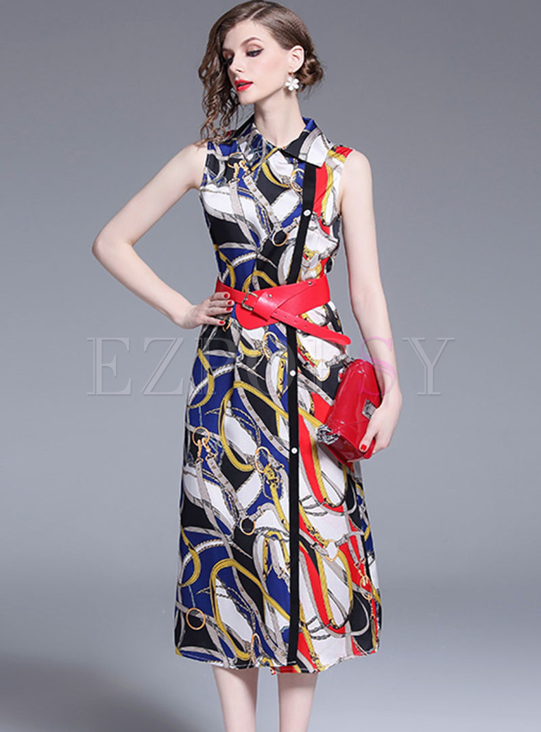 Trendy Print Lapel Sleeveless A Line Dress