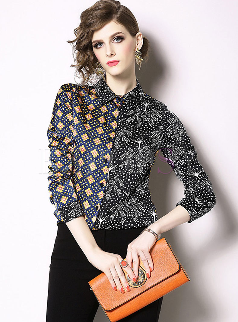 Tops | Blouses | Retro Lapel Long Sleeve Print Blouse