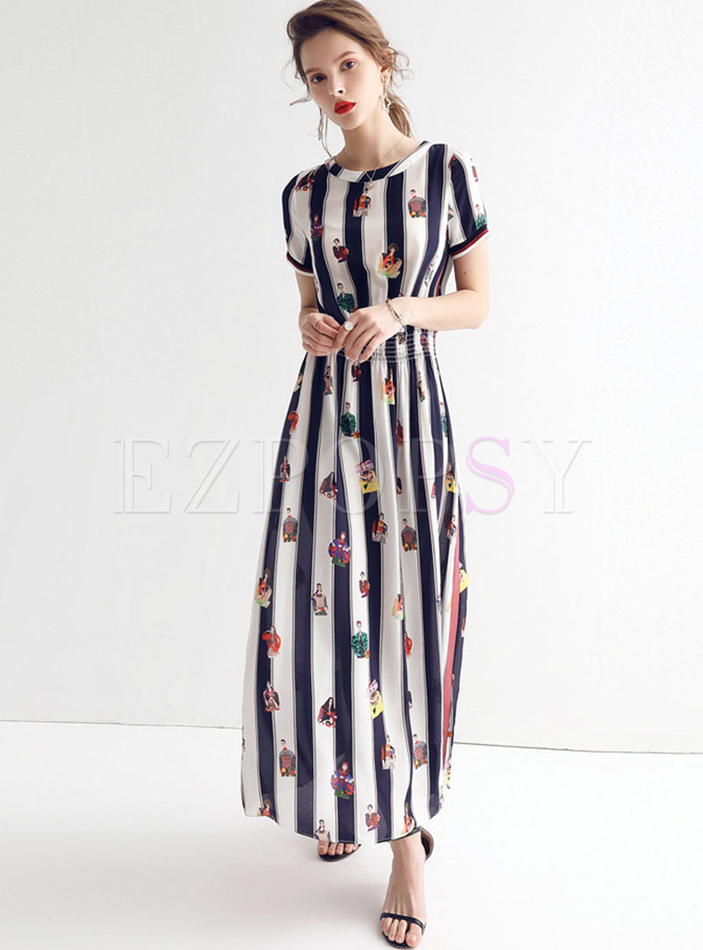 Print O-neck Elastic Waist Maxi Dress