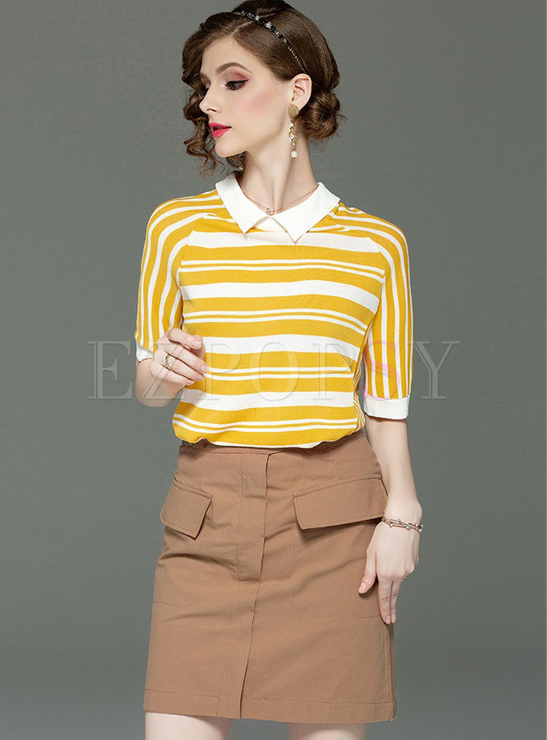 Striped Lapel Knitted Top & Sheath Mini Skirt
