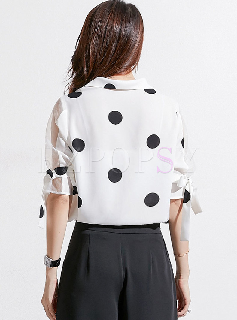 Tops | Blouses | Mesh Splicing Polka Dot Lapel Tie Blouse