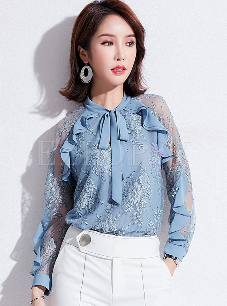 Stylish Blue Tie-collar Floral Lace Chiffon Blouse