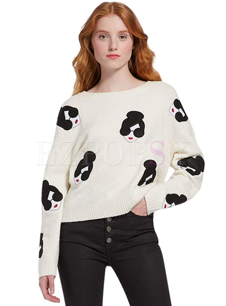 Embroidered O-neck long Sleeve Sweater