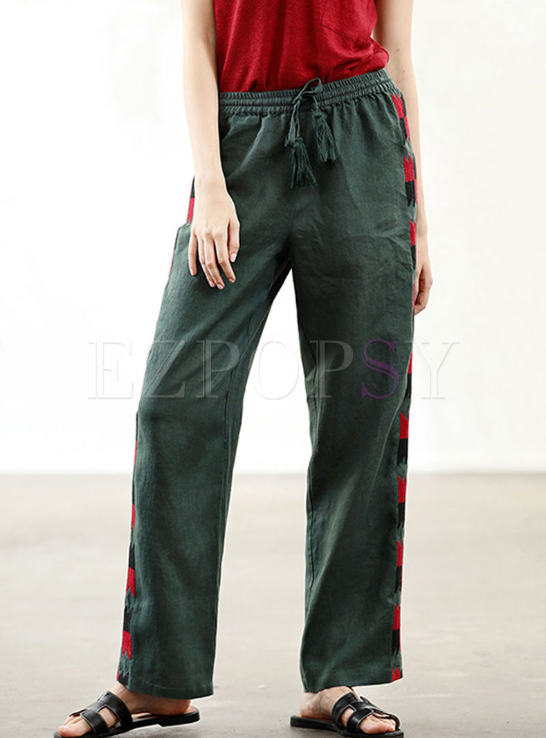 Casual High Waist Embroidered Straight Pants