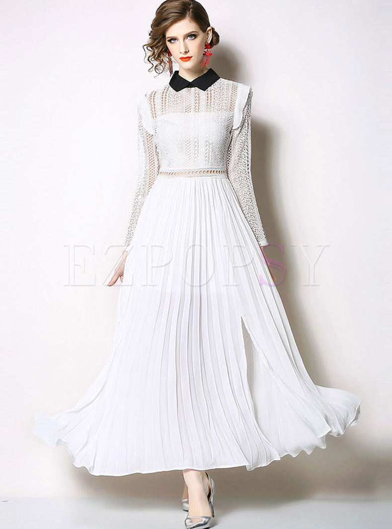 Lapel Long Sleeve Hollow Out Lace Maxi Dress