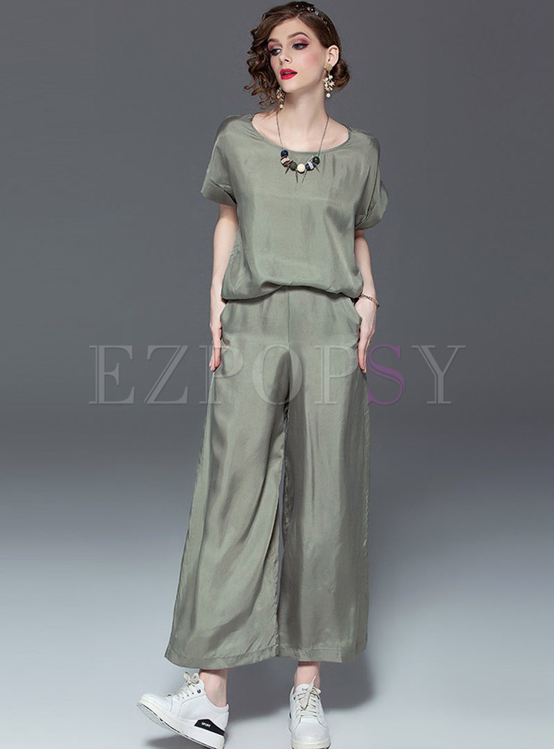 Solid Color O-neck Loose Top & Wide Leg Pants