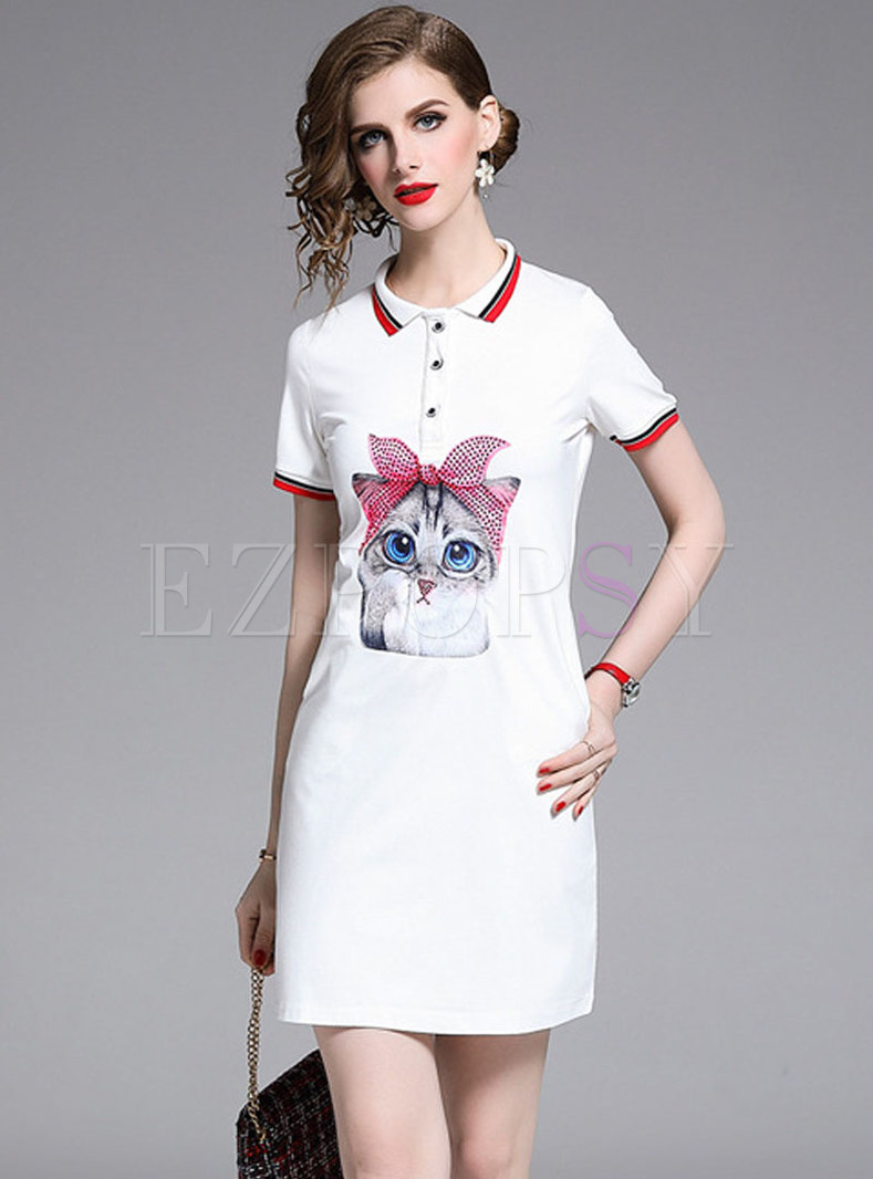 Brief Cartoon Cat Pattern T-shirt Dress