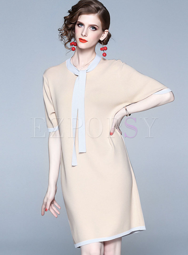 Color-blocked Tie Half Sleeve Knitted Dress