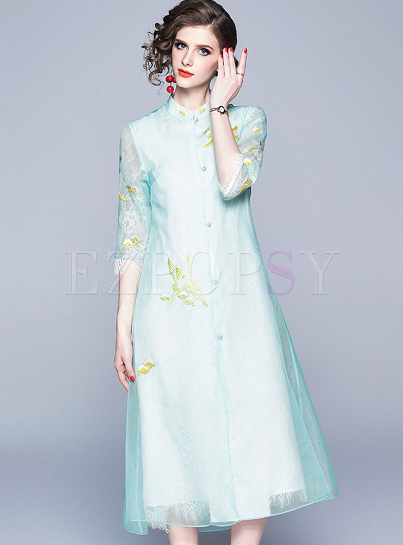 Vintage Stand Collar Embroidered Loose Coat