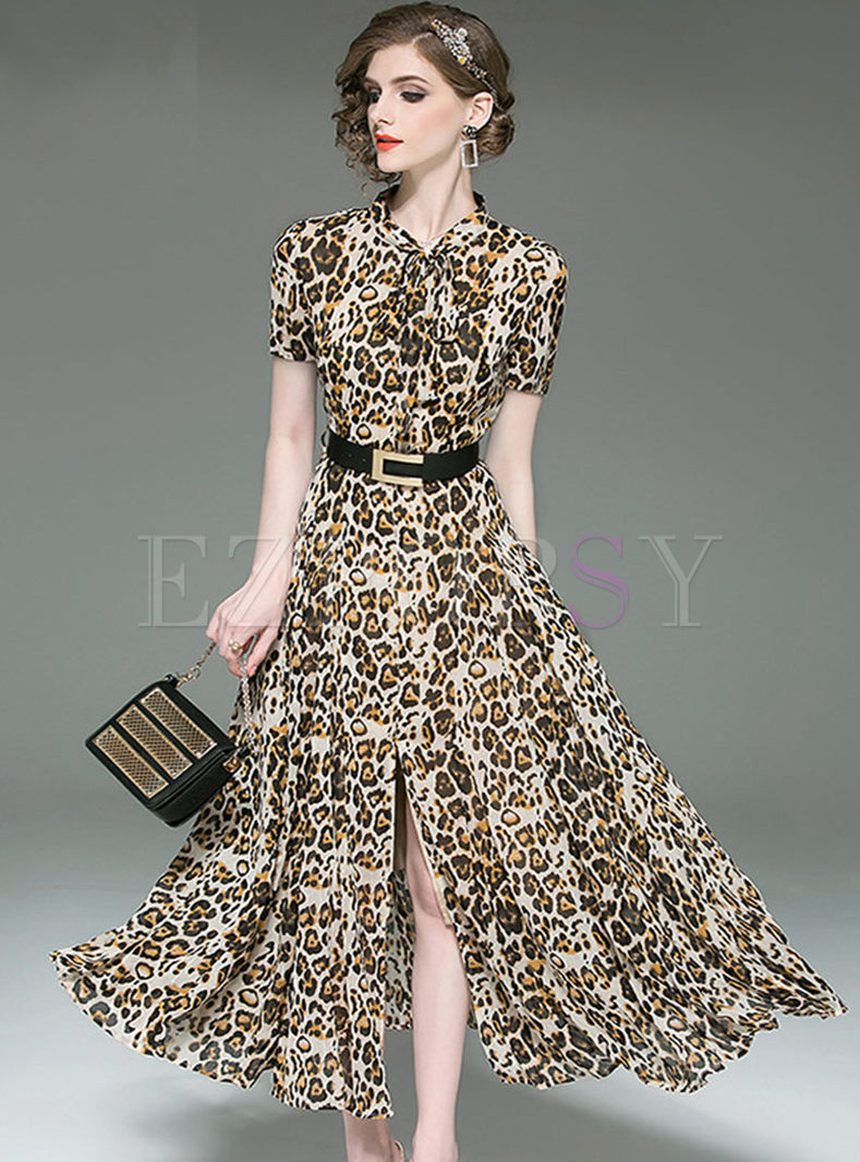 Leopard Stand Collar Belted Slit Maxi Dress